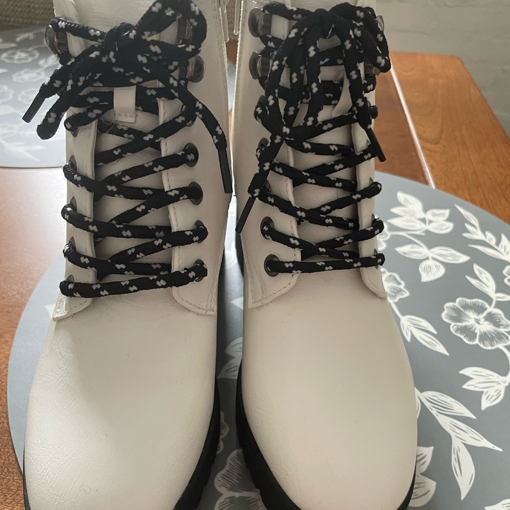 White and Black Combat Moto Boots